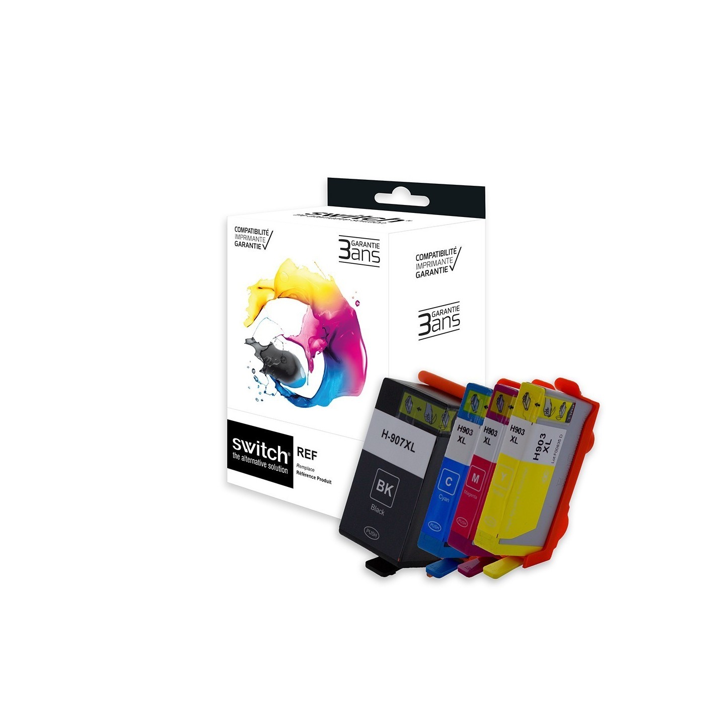 SWITCH hp H907XL/H903XL Pack x 4 compatible avec 6M19AE, T6M03AE, T6M07AE, T6M11AE - Noir Cyan Magenta Jaune