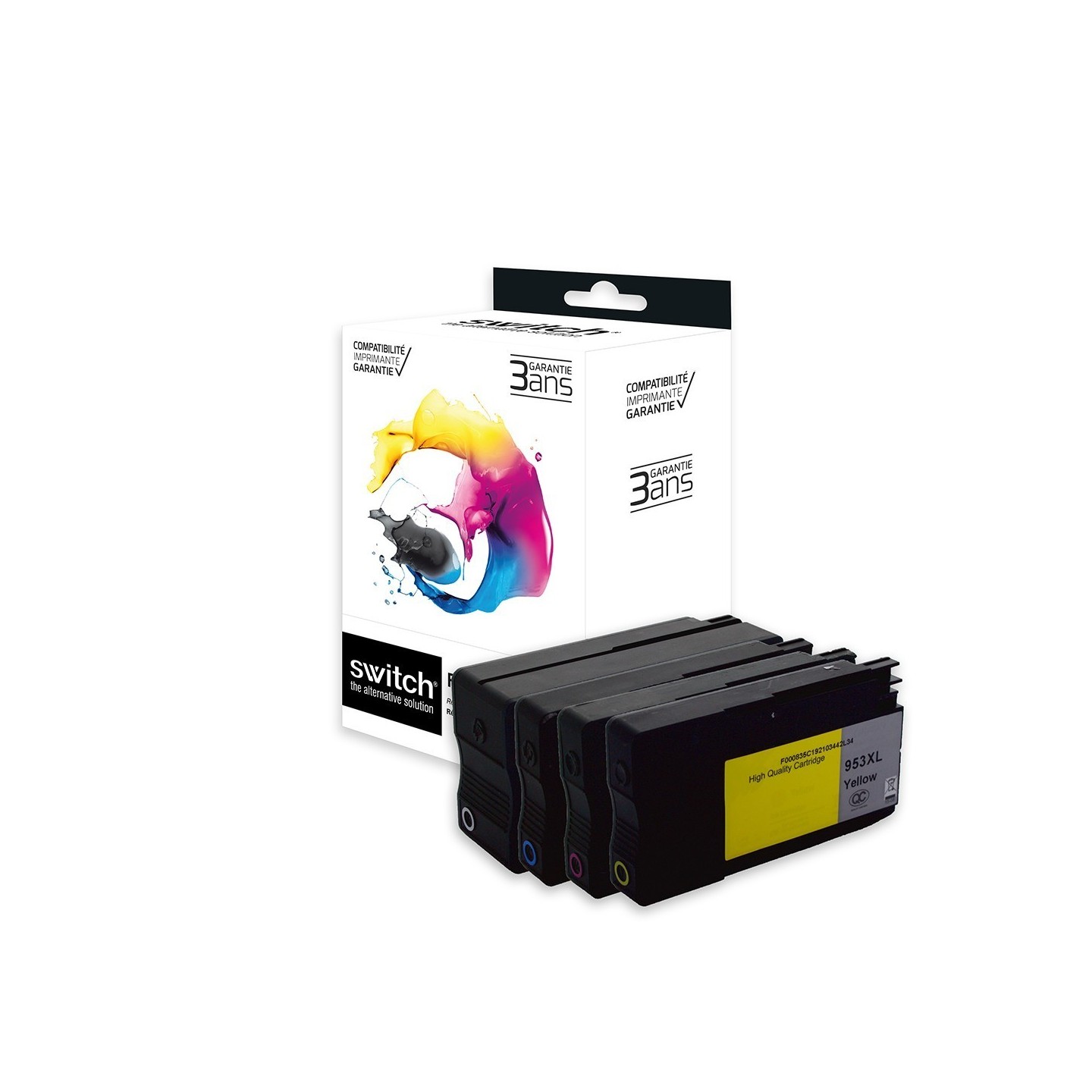 SWITCH hp H953XLB/CL Pack x 4 compatible avec L0S70AE, F6U16AE, F6U17AE, F6U18AE - Noir Cyan Magenta Jaune