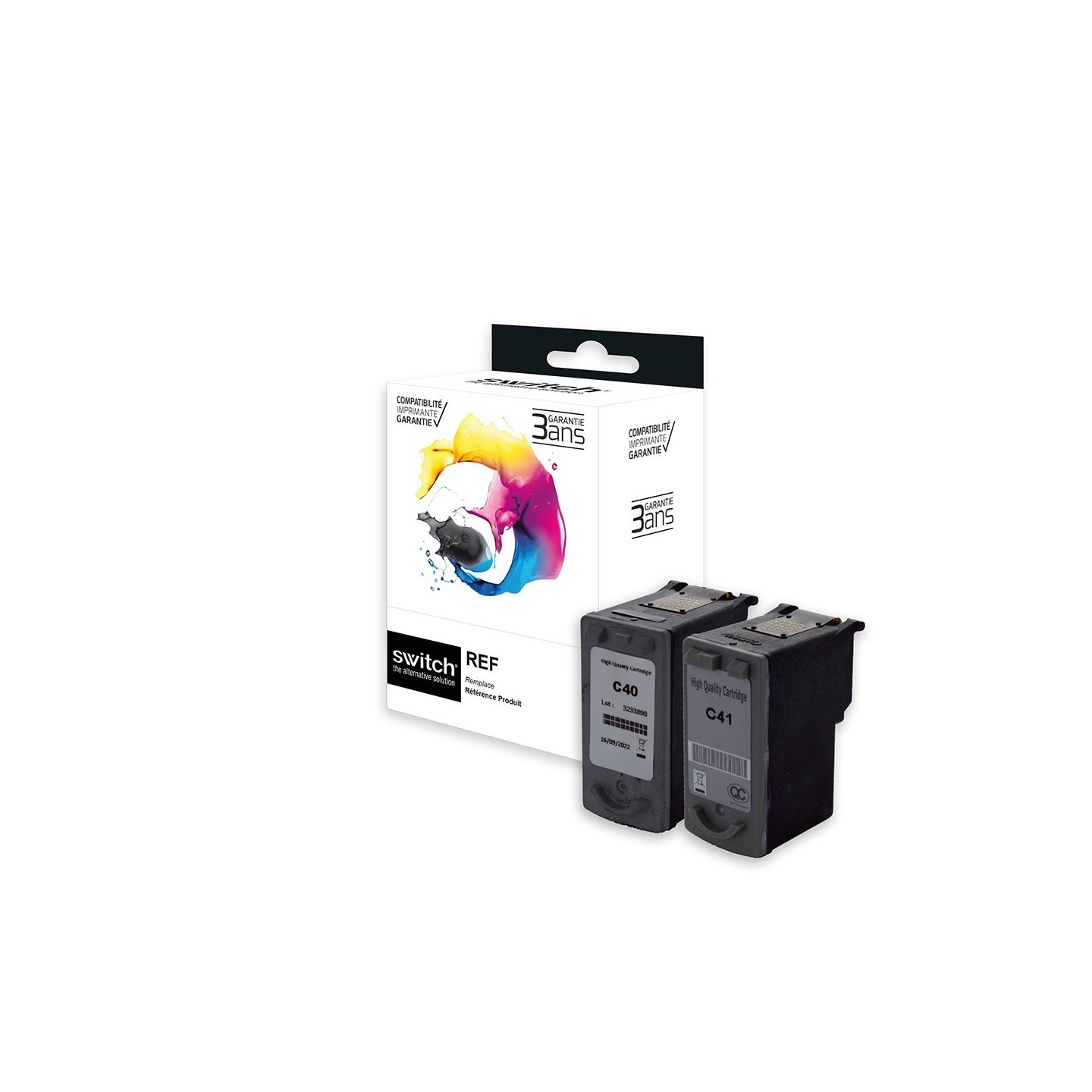 SWITCH Canon C40/C41 Pack x 2 compatible avec PG40, CL41, 0615B001, 0615B036 - Noir + Tricolor