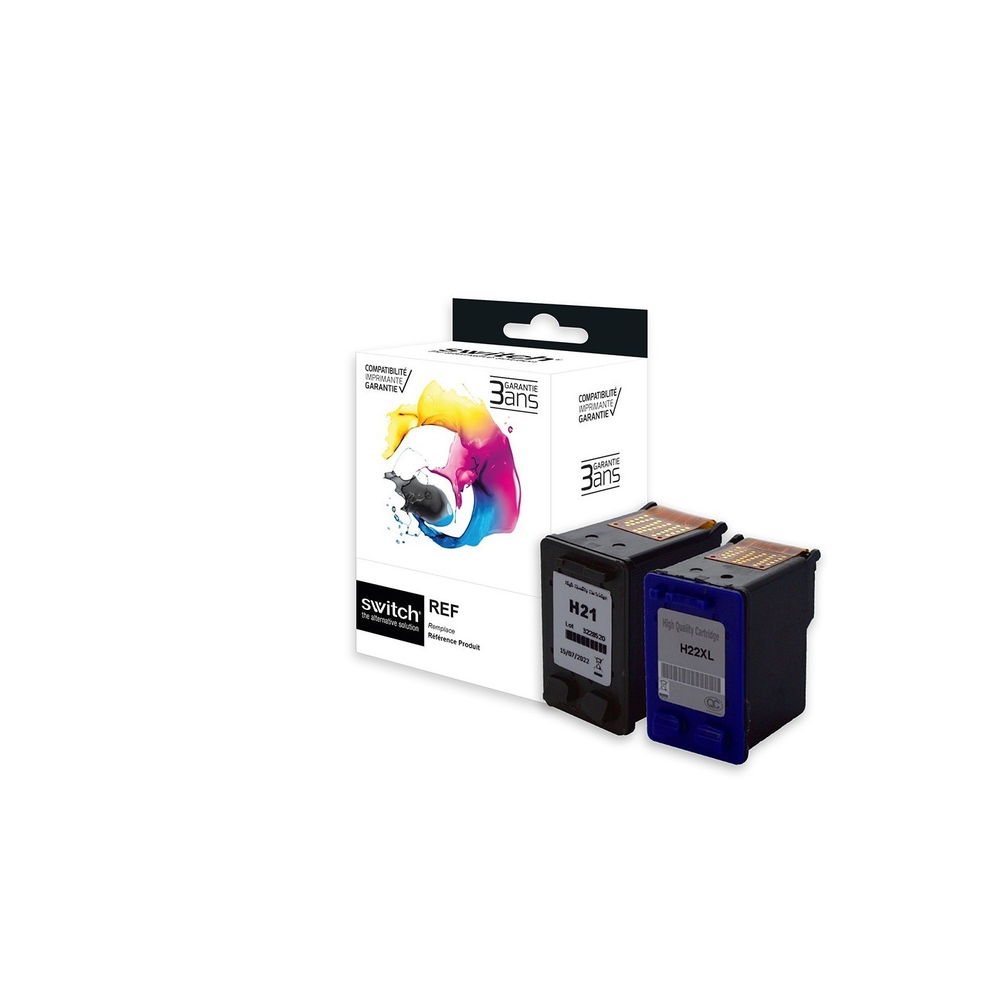 SWITCH hp H21/H22 Pack x 2 compatible avec C9351CE, C9352CE - Noir + Tricolor