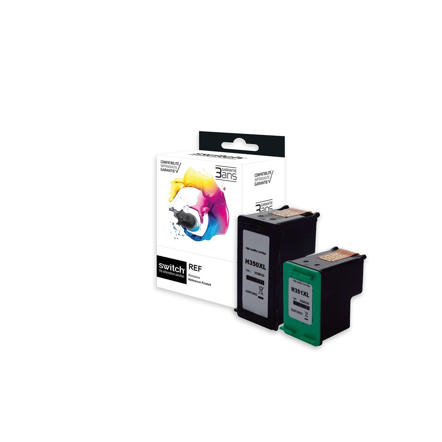 SWITCH hp H350XL/H351XL Pack x 2 compatible avec CB336EE, CB338EE - Noir + Tricolor