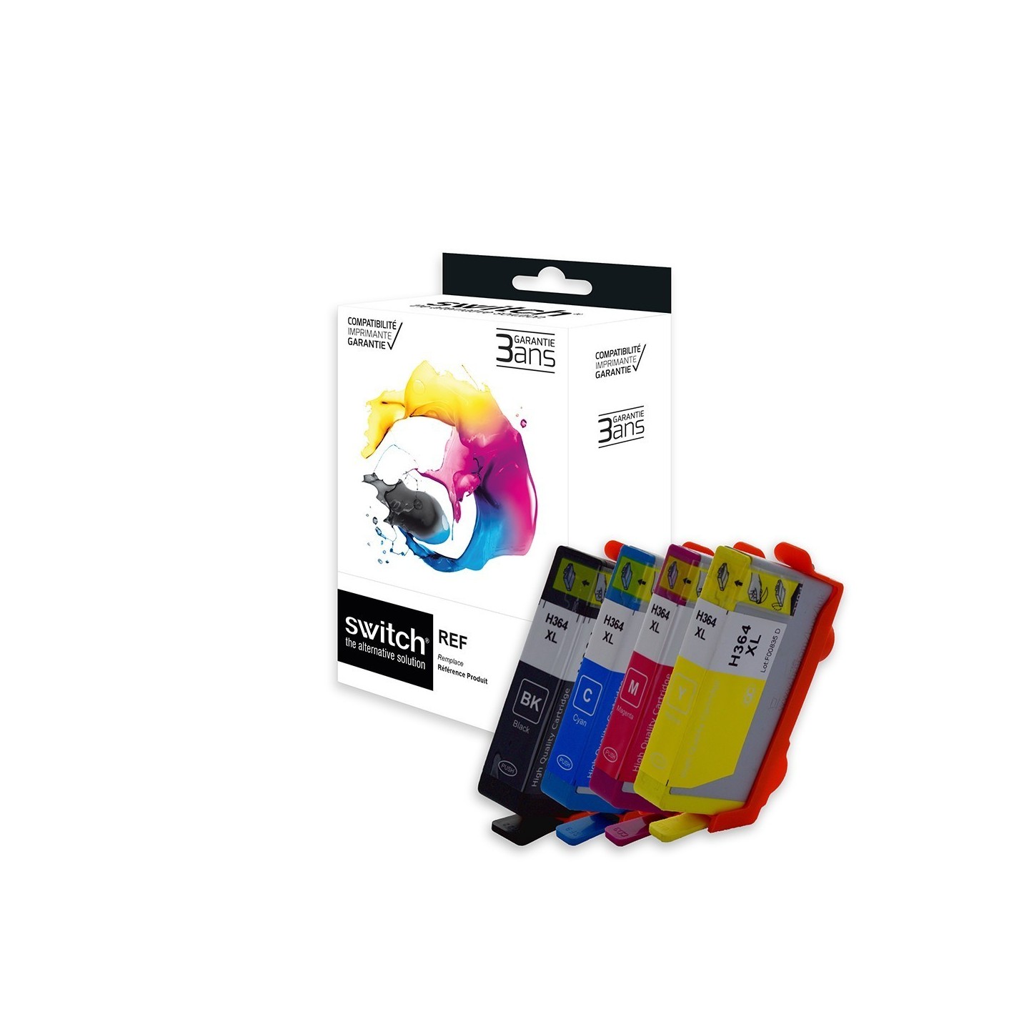 SWITCH hp H364XLB/CL Pack x 4 compatible avec CN684EE, CB323EE, CB324EE, CB325EE - Noir Cyan Magenta Jaune