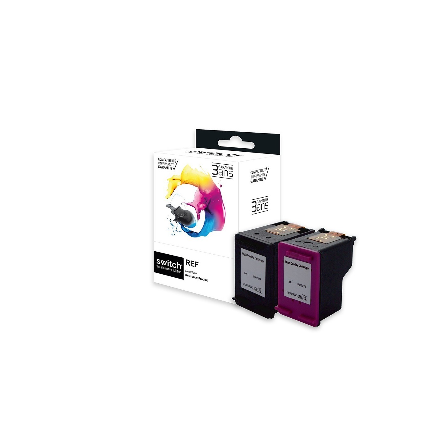 SWITCH hp H62XLB/CL Pack x 2 compatible avec C2P08AE, C2P07AE - Noir + Tricolor